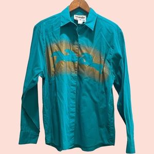 Vintage Western Wear Wrangler Teal & Gold Horse Print Button Down Shirt Sz Med